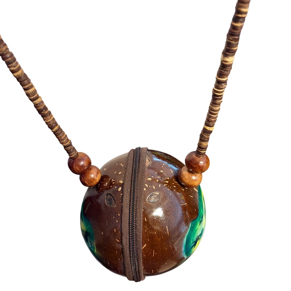 Coconut Shell Crossbody Bag 18" round Brown Painted Tropical Excellent - Picture 4 of 10